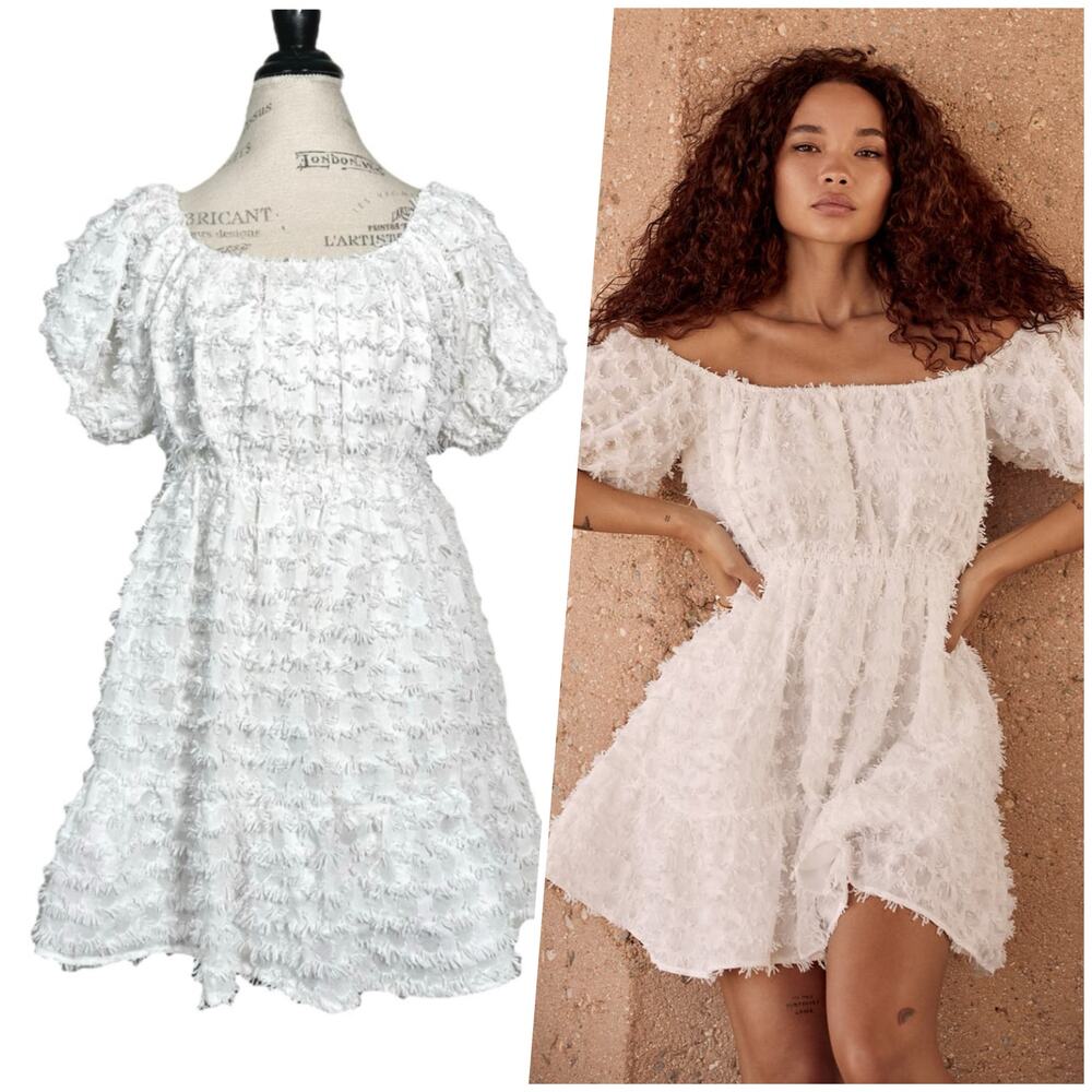 Lulus | Women | A Day With You White Puff Sleeve Fringe Mini Babydoll Dress | XL